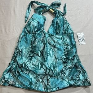 NWT Cole of California XL Halter Tankini Aqua Green Snakeskin Ruched Top